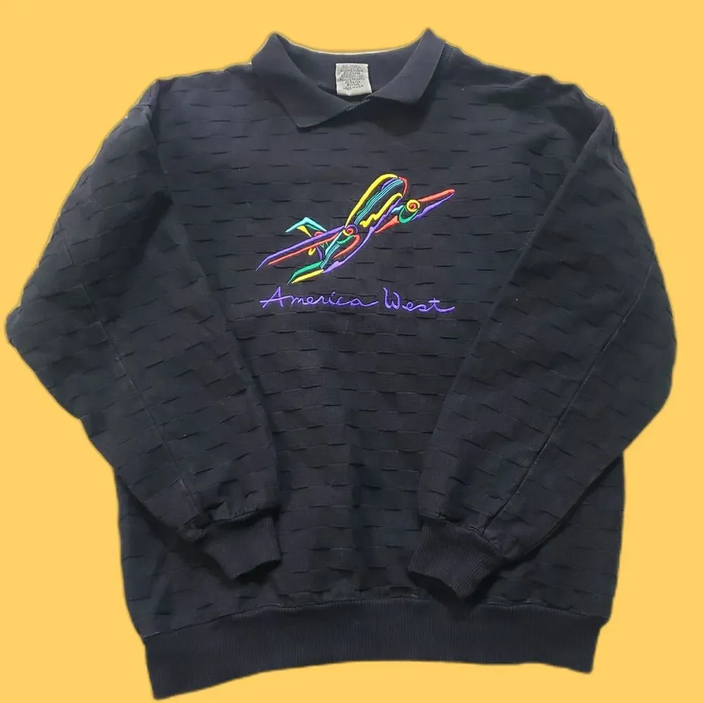Men's 80s Vintage Retro Black America West Airlines Polo Sweatshirt